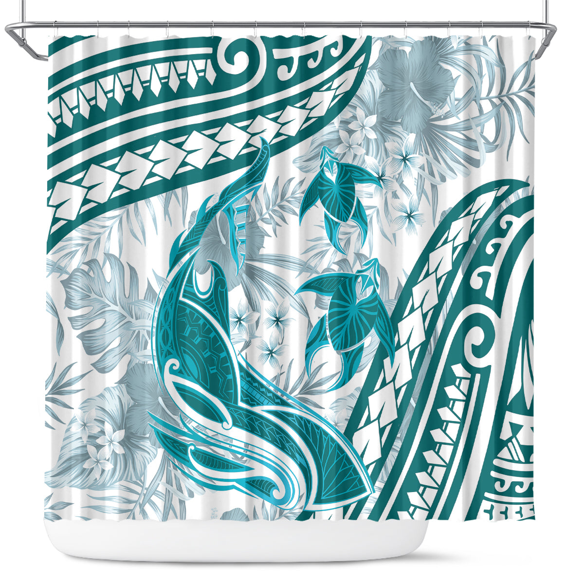 Cyan Polynesia Shower Curtain Polynesian Turtle Shark Tattoo Tropical Vintage