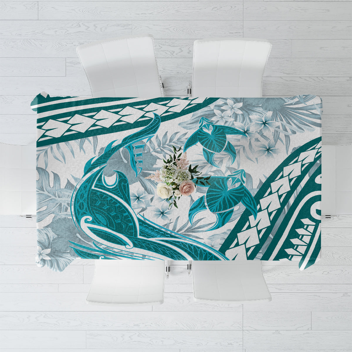 Cyan Polynesia Tablecloth Polynesian Turtle Shark Tattoo Tropical Vintage LT14 Cyan - Polynesian Pride