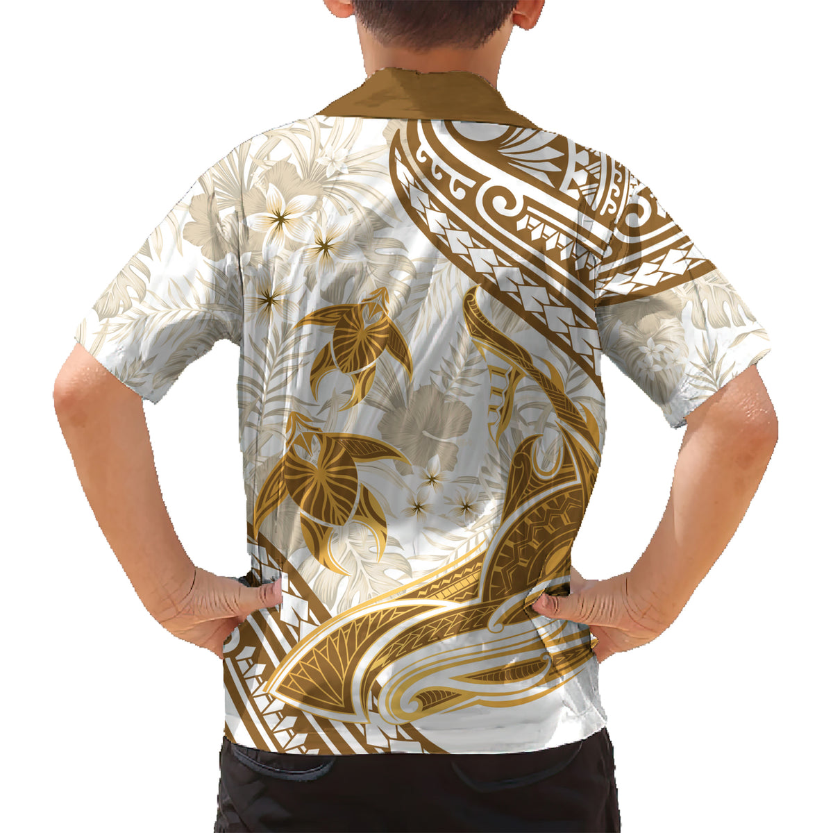 Gold Polynesia Kid Hawaiian Shirt Polynesian Turtle Shark Tattoo Tropical Vintage LT14 - Polynesian Pride