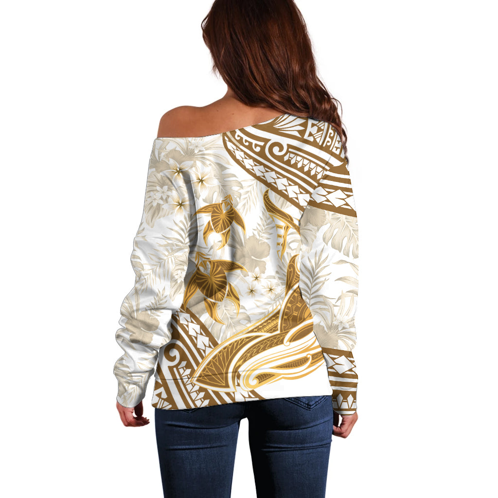 Gold Polynesia Off Shoulder Sweater Polynesian Turtle Shark Tattoo Tropical Vintage LT14 - Polynesian Pride
