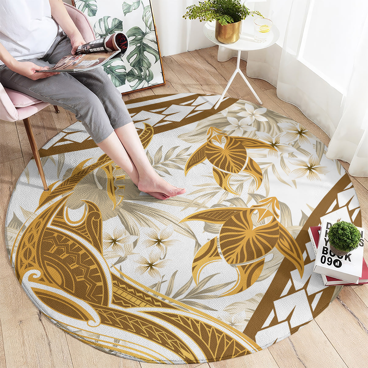 Gold Polynesia Round Carpet Polynesian Turtle Shark Tattoo Tropical Vintage LT14 - Polynesian Pride