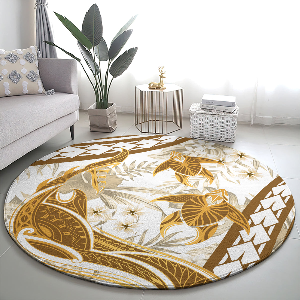 Gold Polynesia Round Carpet Polynesian Turtle Shark Tattoo Tropical Vintage LT14 - Polynesian Pride