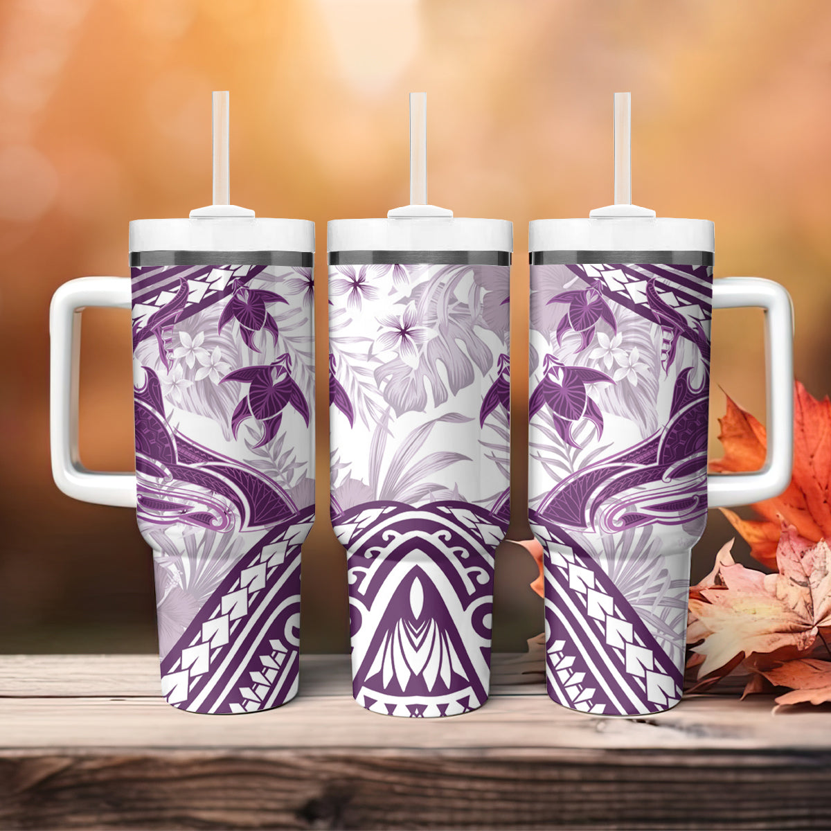 Purple Polynesia Tumbler With Handle Polynesian Turtle Shark Tattoo Tropical Vintage LT14 - Polynesian Pride