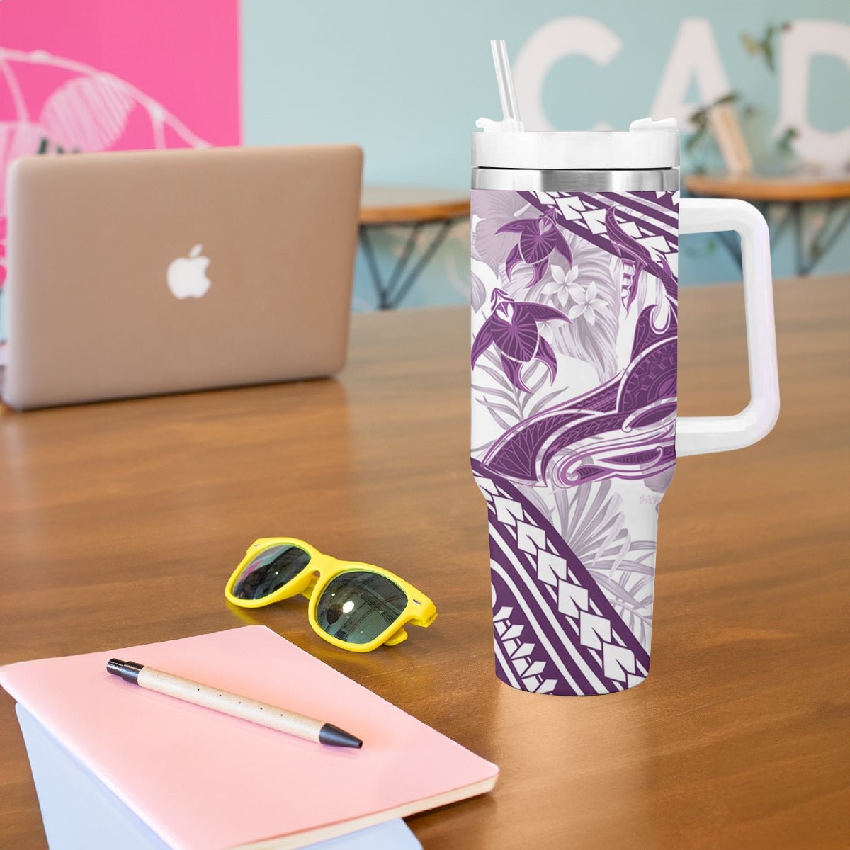 Purple Polynesia Tumbler With Handle Polynesian Turtle Shark Tattoo Tropical Vintage LT14 - Polynesian Pride