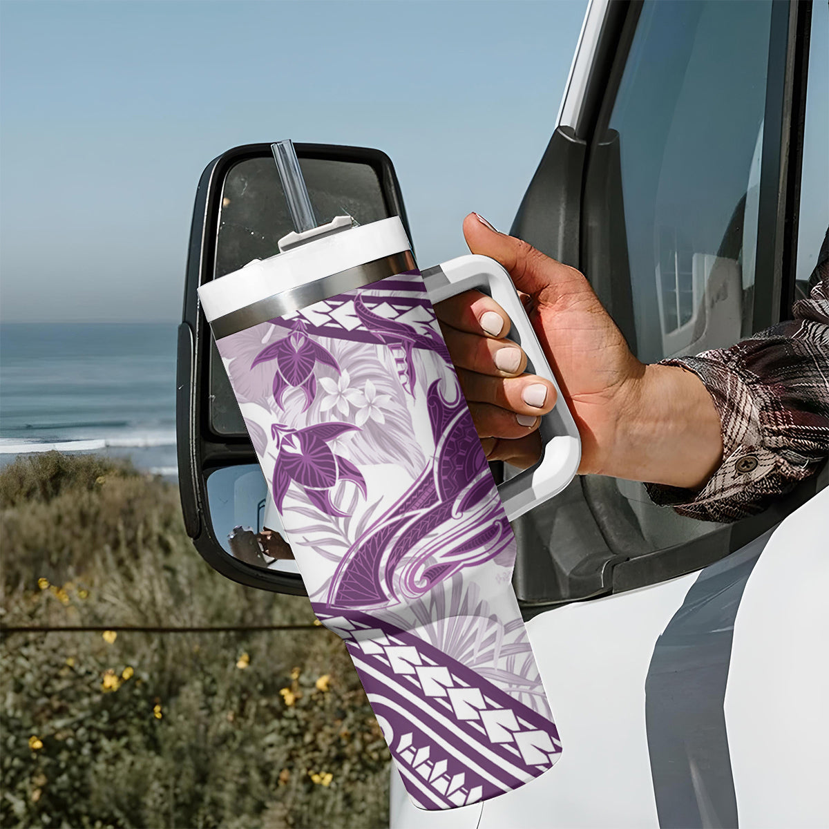 Purple Polynesia Tumbler With Handle Polynesian Turtle Shark Tattoo Tropical Vintage LT14 - Polynesian Pride