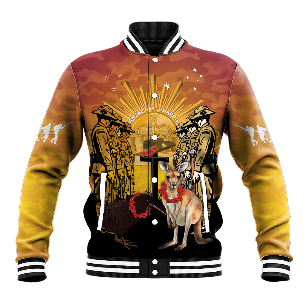 Australia And New Zealand ANZAC Baseball Jacket Aussie Kangaroo With Aotearoa Kiwi Lest We Forget LT14 Unisex Yellow - Polynesian Pride