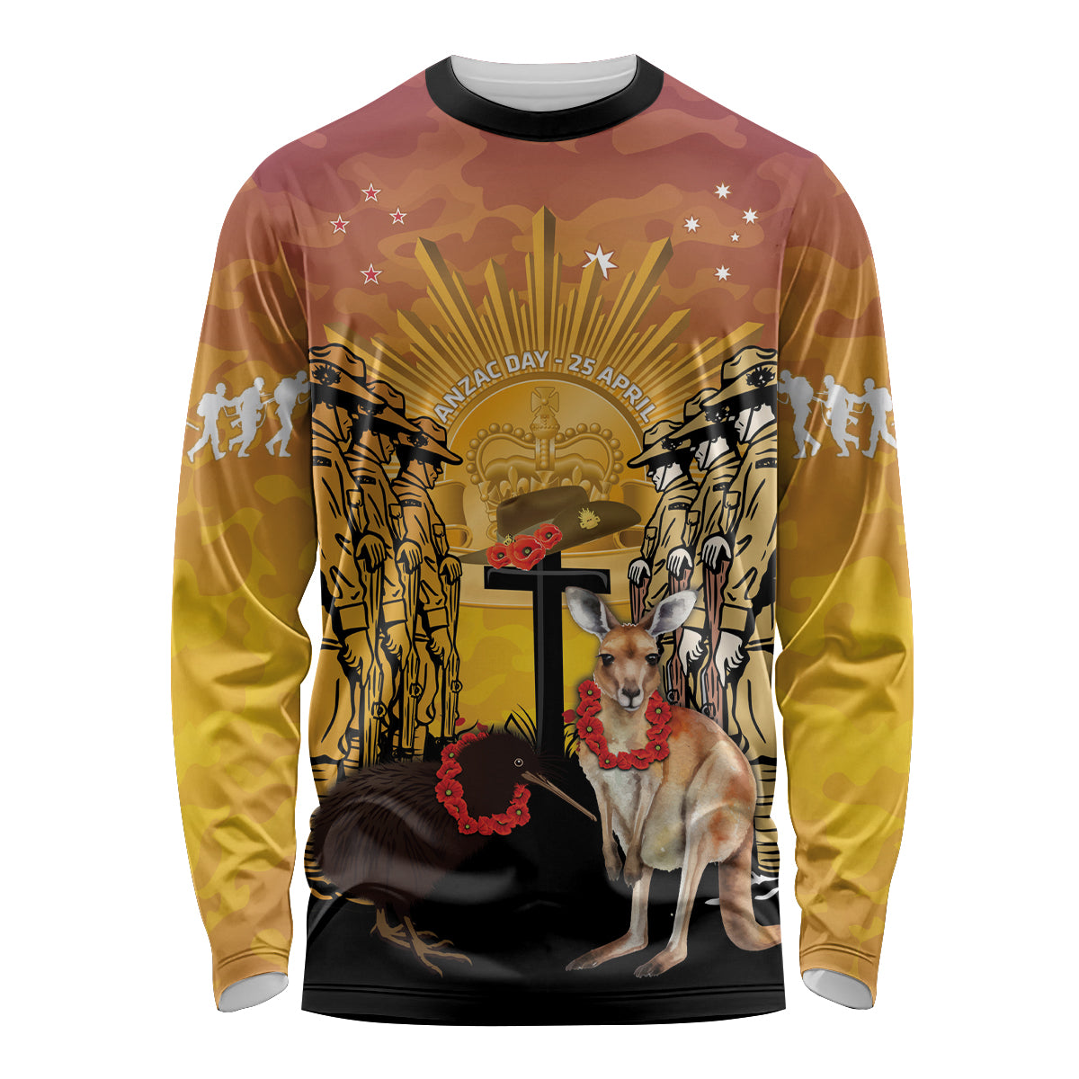 Australia And New Zealand ANZAC Long Sleeve Shirt Aussie Kangaroo With Aotearoa Kiwi Lest We Forget LT14 Unisex Yellow - Polynesian Pride