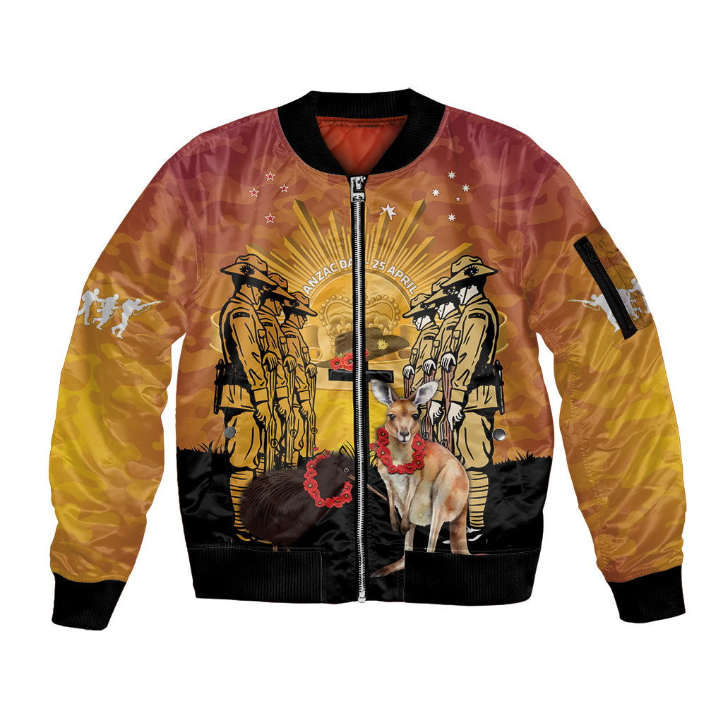 Australia And New Zealand ANZAC Sleeve Zip Bomber Jacket Aussie Kangaroo With Aotearoa Kiwi Lest We Forget LT14 Unisex Yellow - Polynesian Pride
