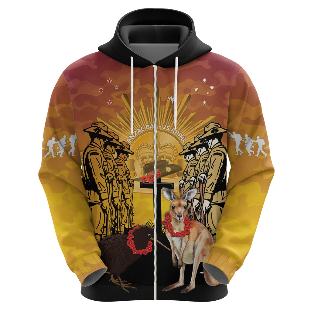Australia And New Zealand ANZAC Zip Hoodie Aussie Kangaroo With Aotearoa Kiwi Lest We Forget LT14 - Polynesian Pride