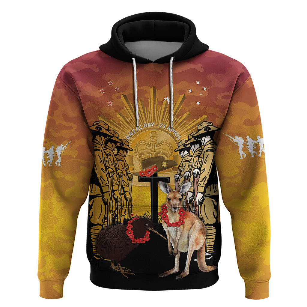 Australia And New Zealand ANZAC Zip Hoodie Aussie Kangaroo With Aotearoa Kiwi Lest We Forget LT14 Pullover Hoodie Yellow - Polynesian Pride