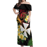 Wallis and Futuna Victory Day Off Shoulder Maxi Dress Liberty Equality Fraternity Polynesian Plumeria LT14 Women Black - Polynesian Pride