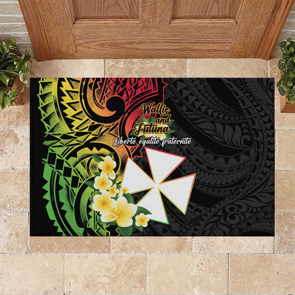 Wallis and Futuna Victory Day Rubber Doormat Liberty Equality Fraternity Polynesian Plumeria LT14 Black - Polynesian Pride