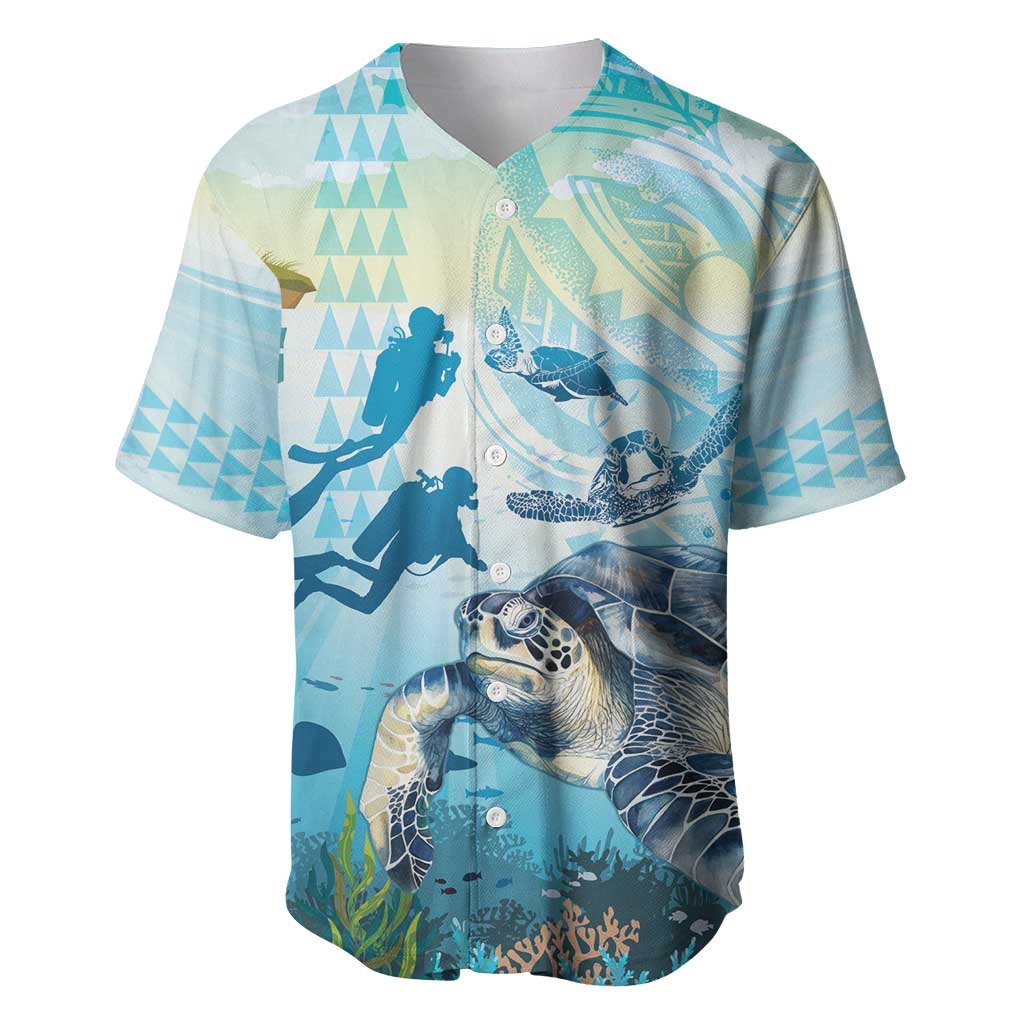 Personalized Snorkeling Hawaii Baseball Jersey Ocean Lover Hawaiian Kakau Honu Turtle LT14 Cyan - Polynesian Pride