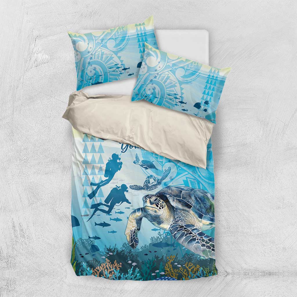 Personalized Snorkeling Hawaii Bedding Set Ocean Lover Hawaiian Kakau Honu Turtle LT14 US Twin 172cm x 218cm Cyan - Polynesian Pride