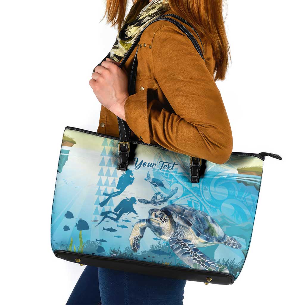 Personalized Snorkeling Hawaii Leather Tote Bag Ocean Lover Hawaiian Kakau Honu Turtle LT14 Cyan - Polynesian Pride