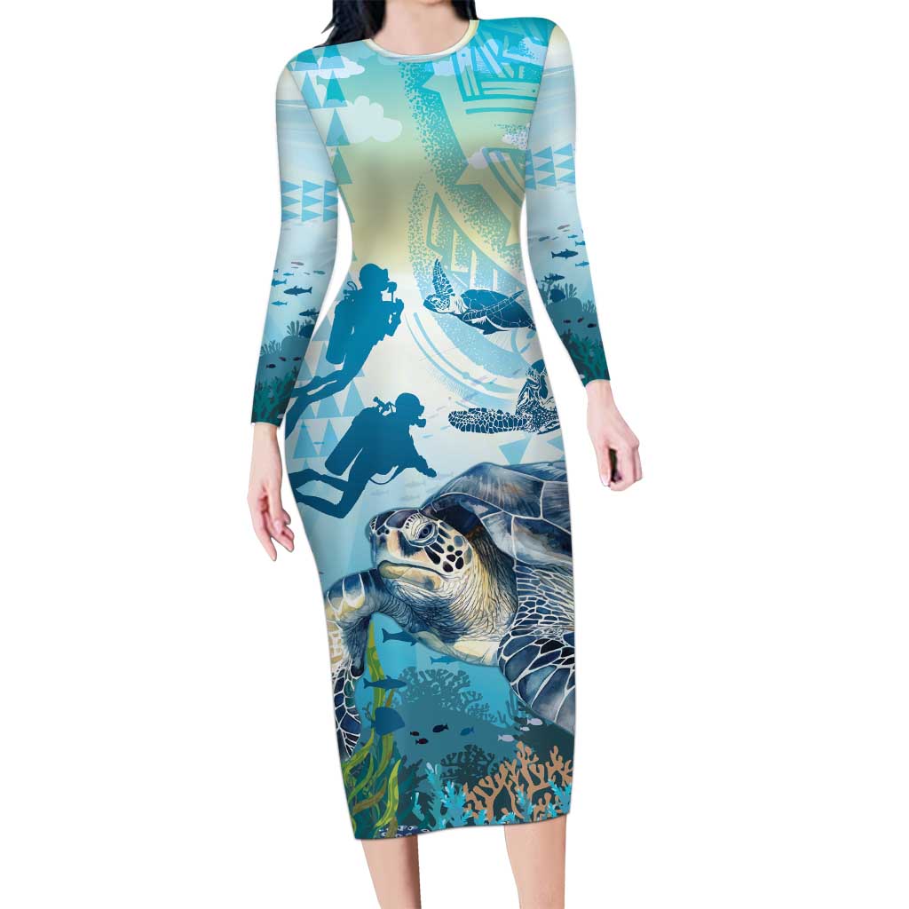 Personalized Snorkeling Hawaii Long Sleeve Bodycon Dress Ocean Lover Hawaiian Kakau Honu Turtle LT14 Long Dress Cyan - Polynesian Pride
