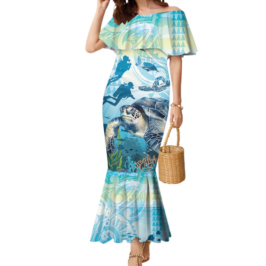 Personalized Snorkeling Hawaii Mermaid Dress Ocean Lover Hawaiian Kakau Honu Turtle LT14 Women Cyan - Polynesian Pride