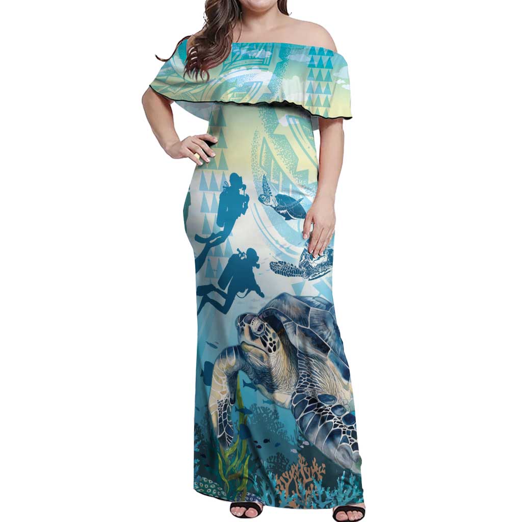 Personalized Snorkeling Hawaii Off Shoulder Maxi Dress Ocean Lover Hawaiian Kakau Honu Turtle LT14 Women Cyan - Polynesian Pride