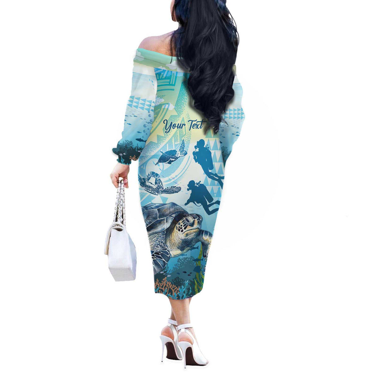 Personalized Snorkeling Hawaii Off The Shoulder Long Sleeve Dress Ocean Lover Hawaiian Kakau Honu Turtle LT14 - Polynesian Pride