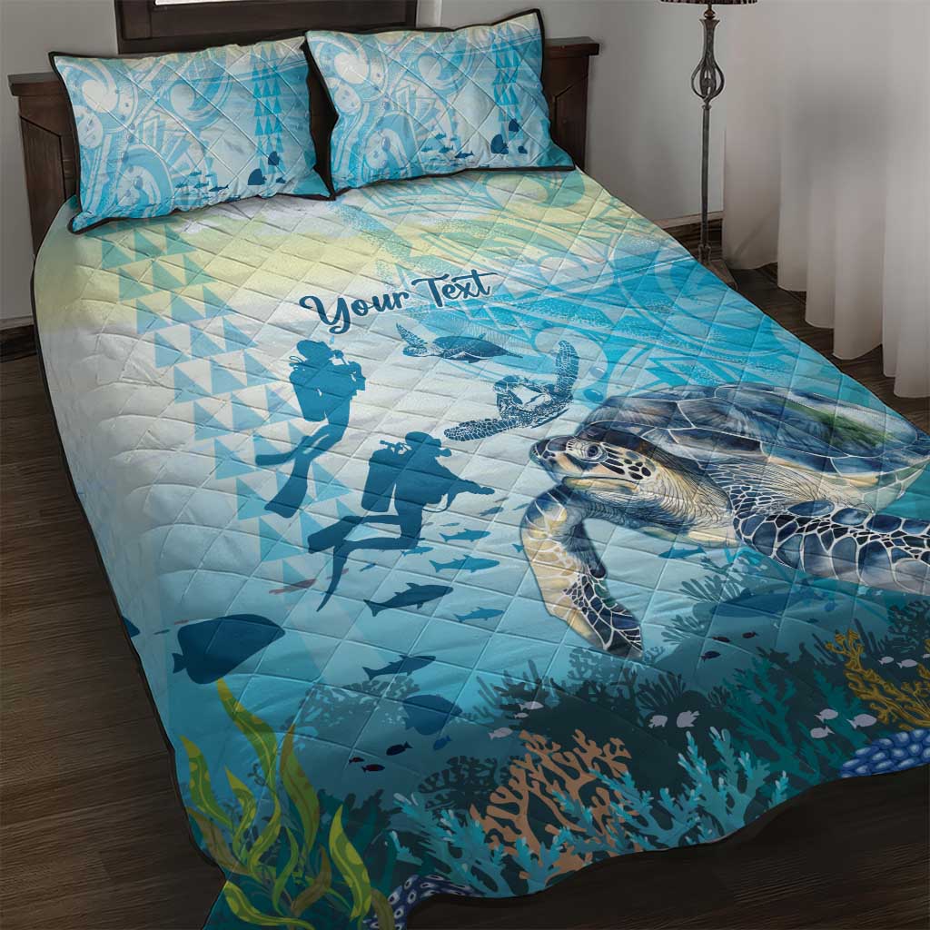 Personalized Snorkeling Hawaii Quilt Bed Set Ocean Lover Hawaiian Kakau Honu Turtle LT14 Cyan - Polynesian Pride