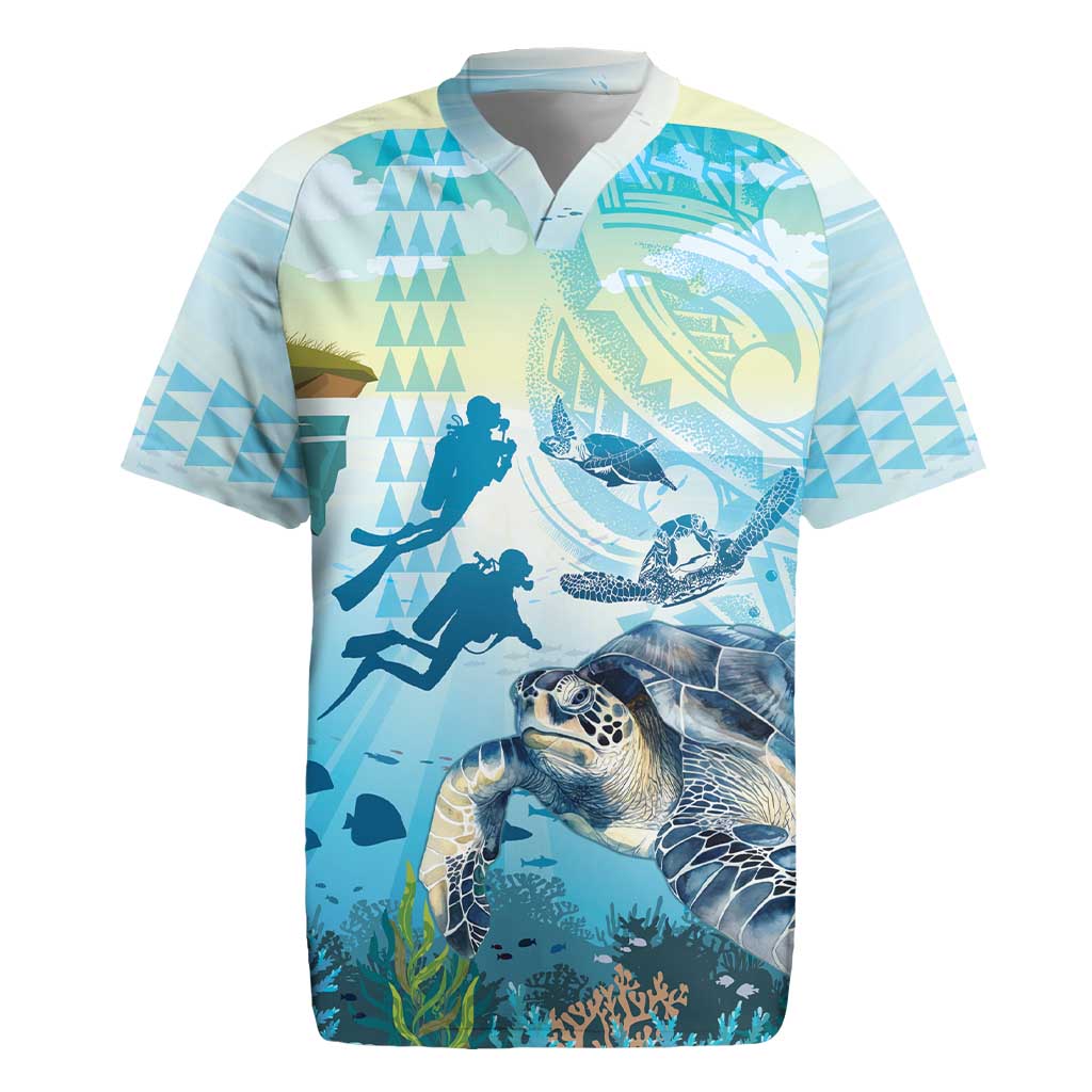 Personalized Snorkeling Hawaii Rugby Jersey Ocean Lover Hawaiian Kakau Honu Turtle LT14 Cyan - Polynesian Pride
