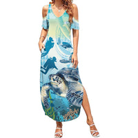 Personalized Snorkeling Hawaii Summer Maxi Dress Ocean Lover Hawaiian Kakau Honu Turtle LT14 Women Cyan - Polynesian Pride