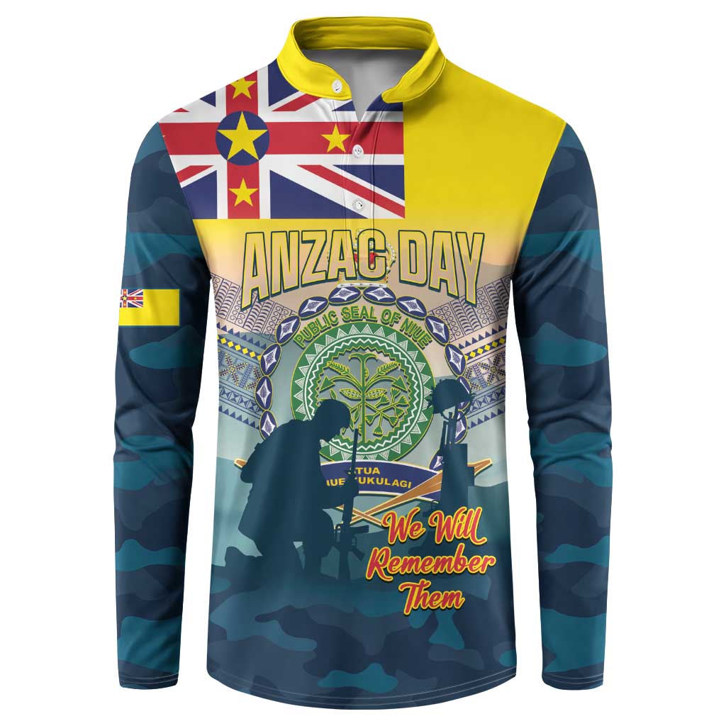 Niue ANZAC Day Button Sweatshirt We Will Remember Them Camouflage Style LT14 Yellow - Polynesian Pride