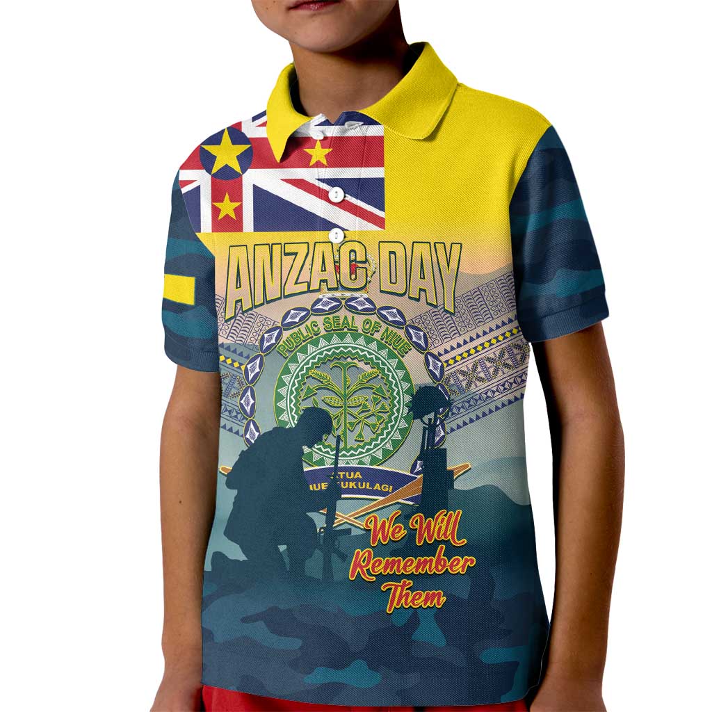 Niue ANZAC Day Kid Polo Shirt We Will Remember Them Camouflage Style LT14 Kid Yellow - Polynesian Pride