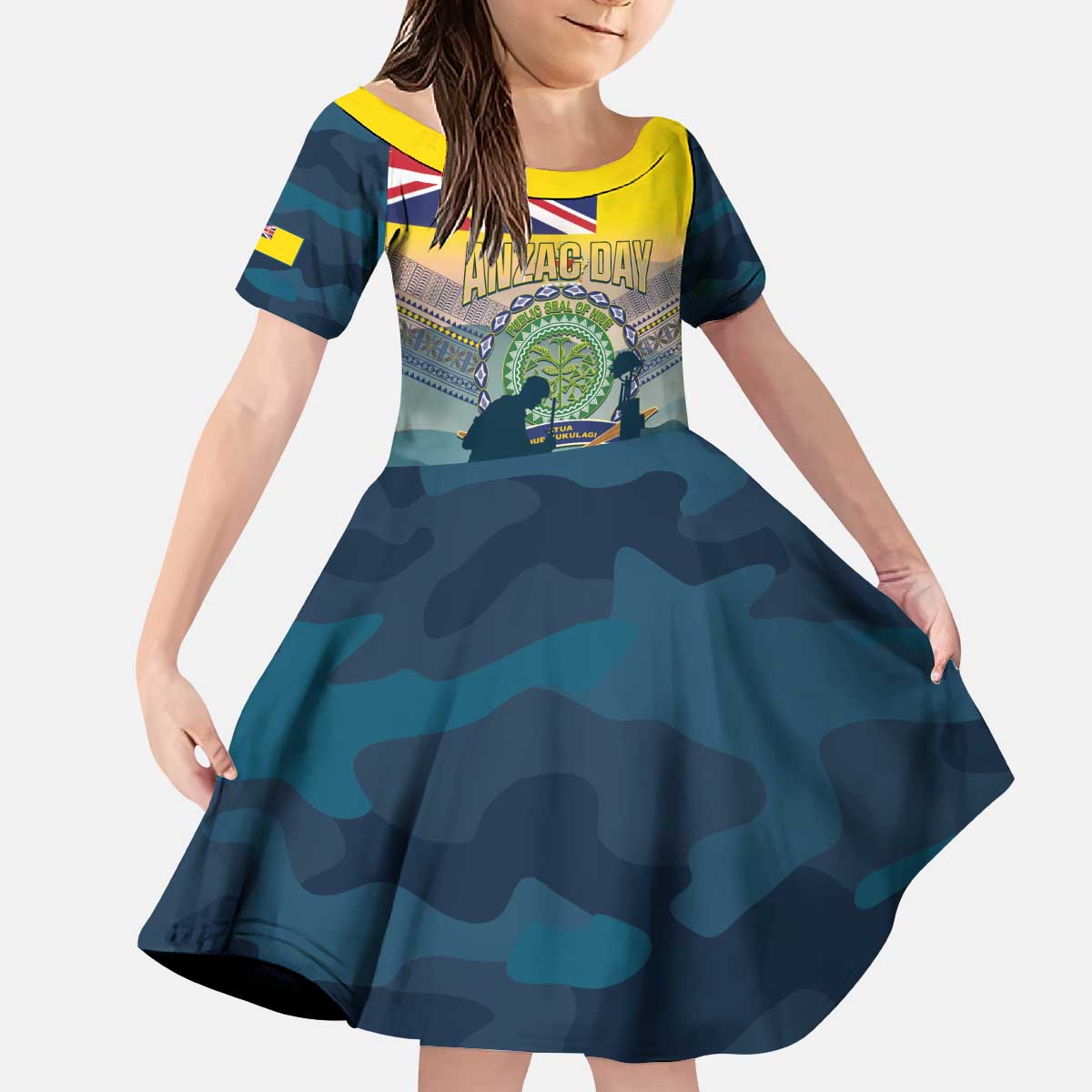 Niue ANZAC Day Kid Short Sleeve Dress We Will Remember Them Camouflage Style LT14 KID Yellow - Polynesian Pride
