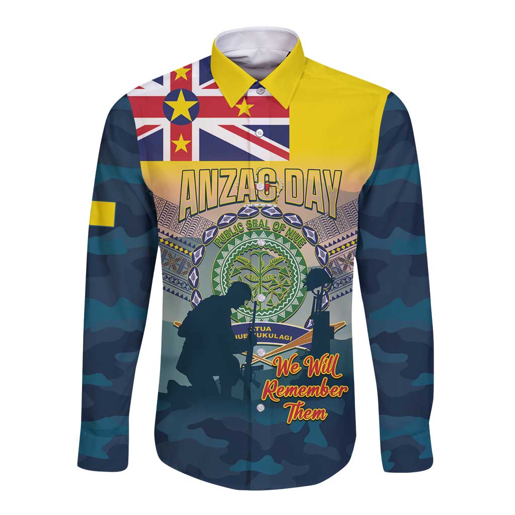 Niue ANZAC Day Long Sleeve Button Shirt We Will Remember Them Camouflage Style LT14 Unisex Yellow - Polynesian Pride