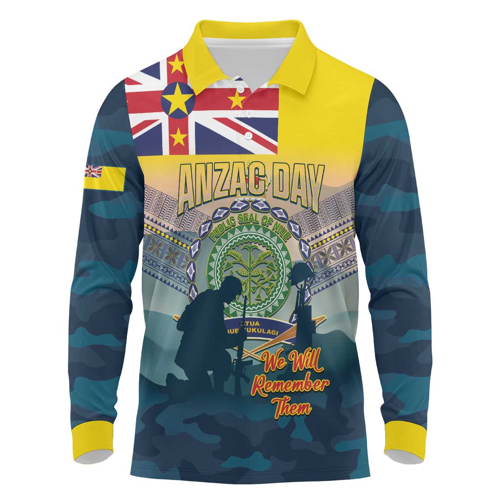 Niue ANZAC Day Long Sleeve Polo Shirt We Will Remember Them Camouflage Style LT14 Yellow - Polynesian Pride