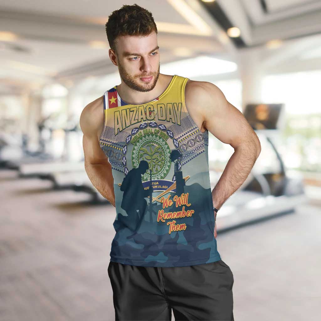 Niue ANZAC Day Men Tank Top We Will Remember Them Camouflage Style LT14 Yellow - Polynesian Pride