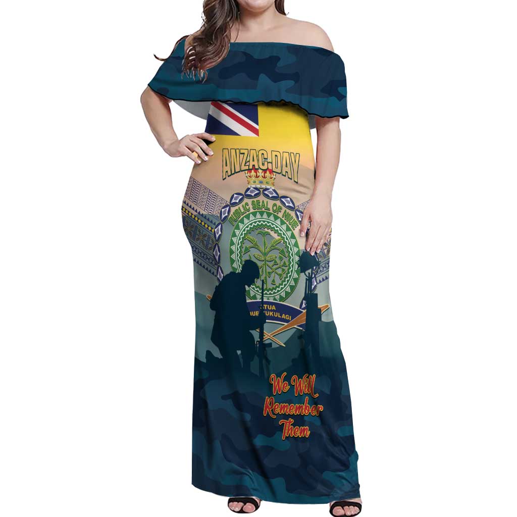 Niue ANZAC Day Off Shoulder Maxi Dress We Will Remember Them Camouflage Style LT14 Women Yellow - Polynesian Pride