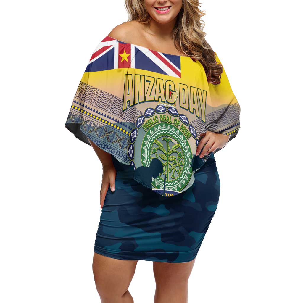Niue ANZAC Day Off Shoulder Short Dress We Will Remember Them Camouflage Style LT14 Women Yellow - Polynesian Pride