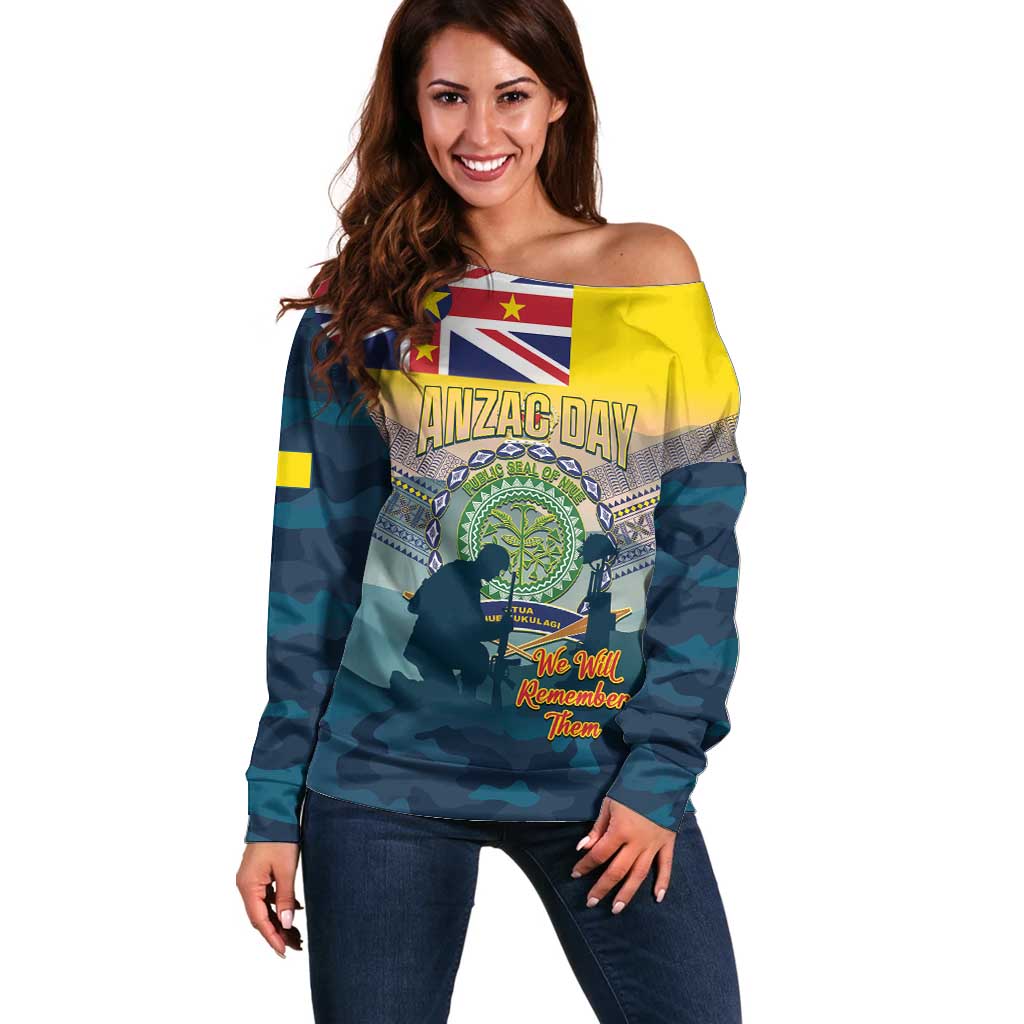 Niue ANZAC Day Off Shoulder Sweater We Will Remember Them Camouflage Style LT14 Women Yellow - Polynesian Pride