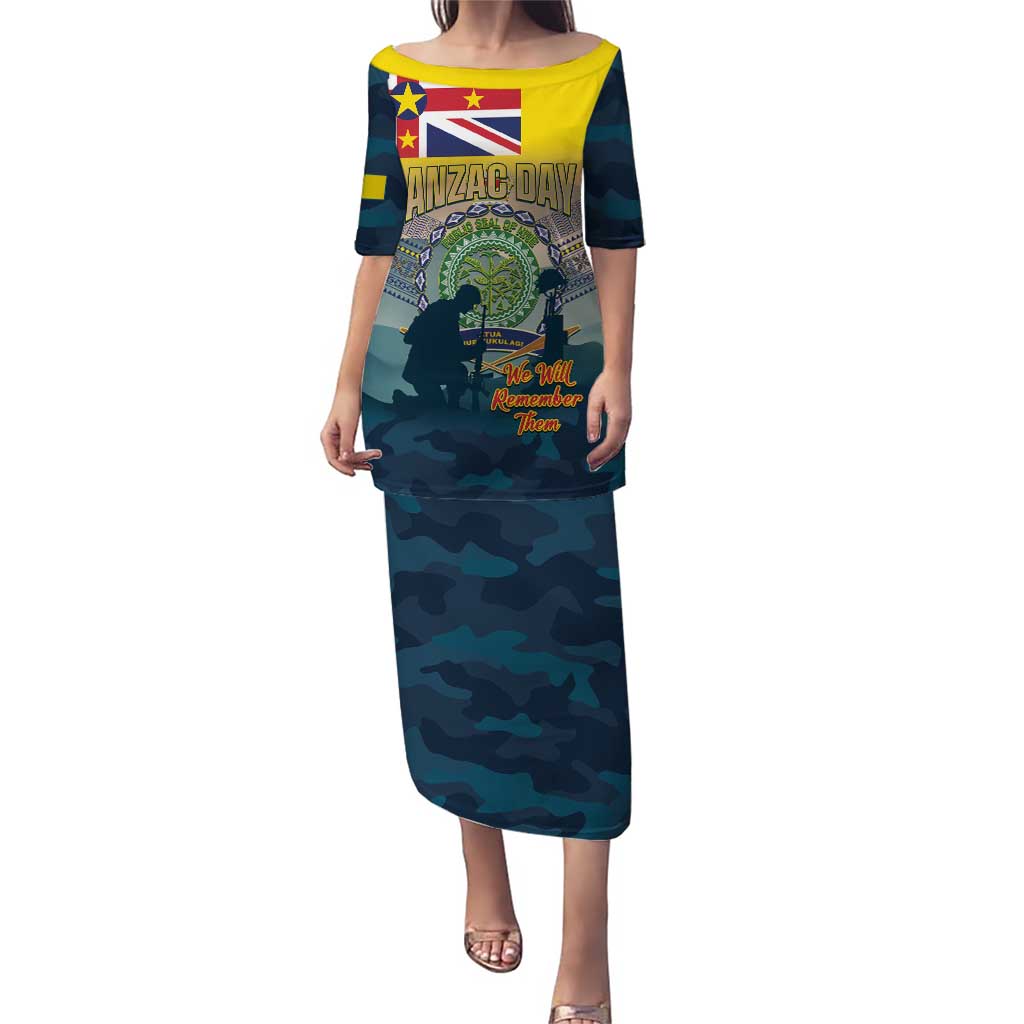 Niue ANZAC Day Puletasi We Will Remember Them Camouflage Style LT14 Long Dress Yellow - Polynesian Pride