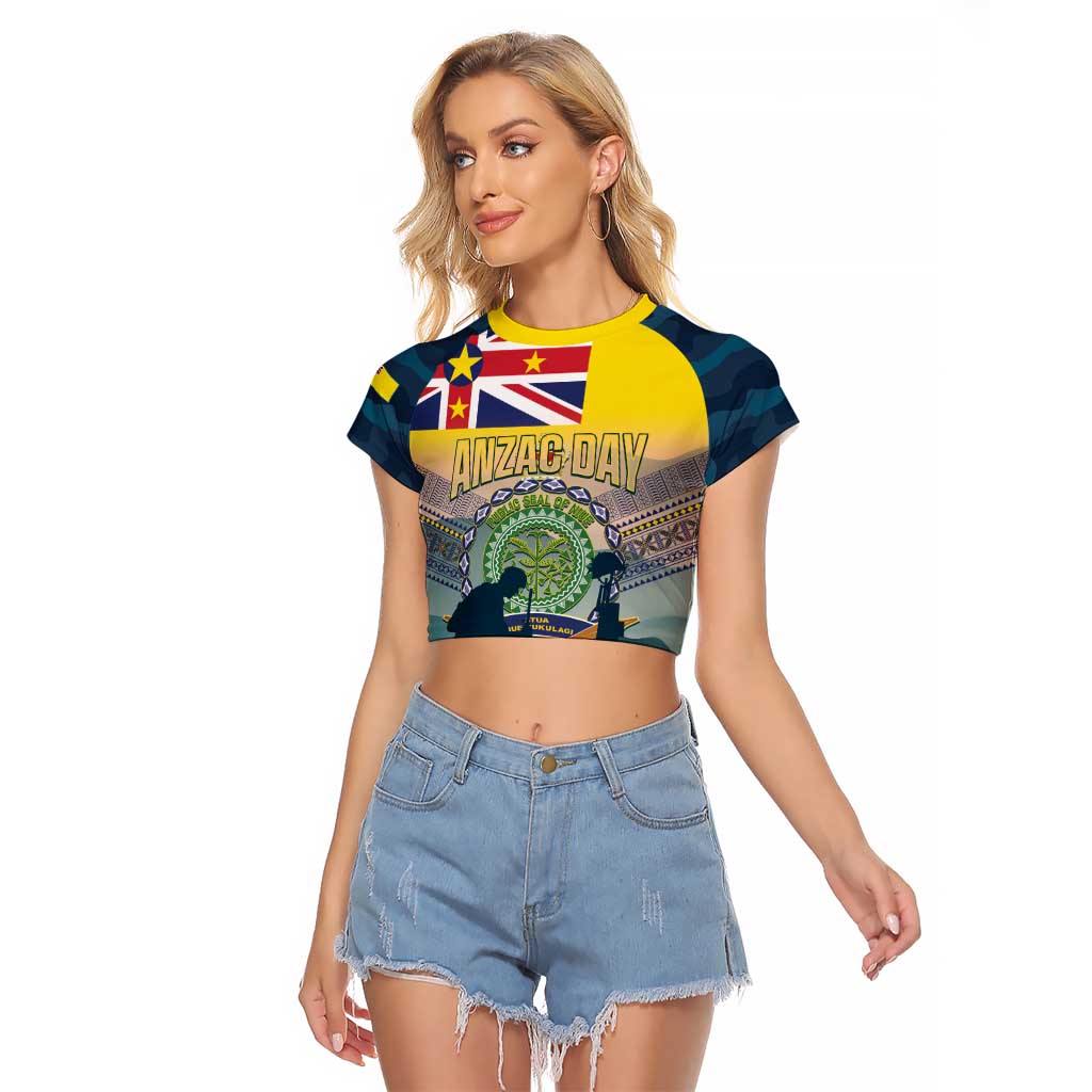 Niue ANZAC Day Raglan Cropped T Shirt We Will Remember Them Camouflage Style LT14 Female Yellow - Polynesian Pride