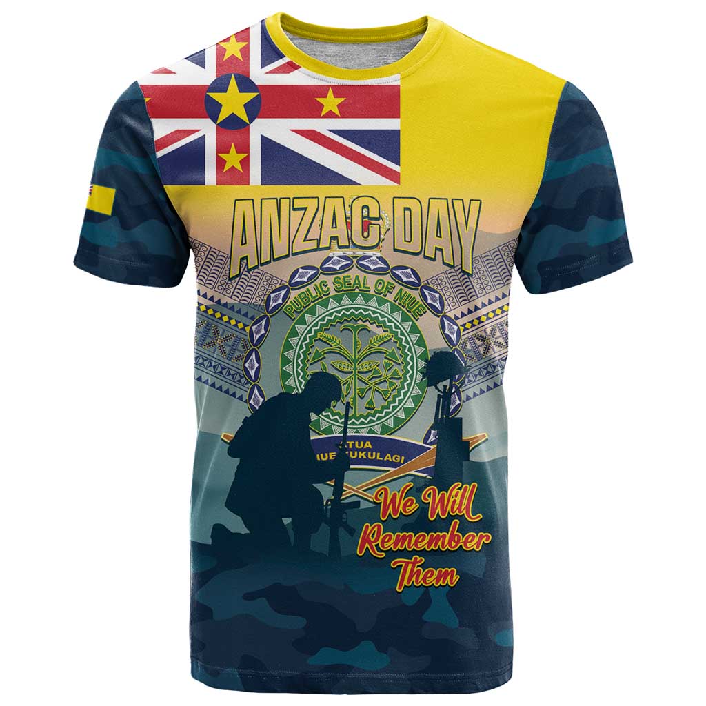 Niue ANZAC Day T Shirt We Will Remember Them Camouflage Style LT14 Yellow - Polynesian Pride