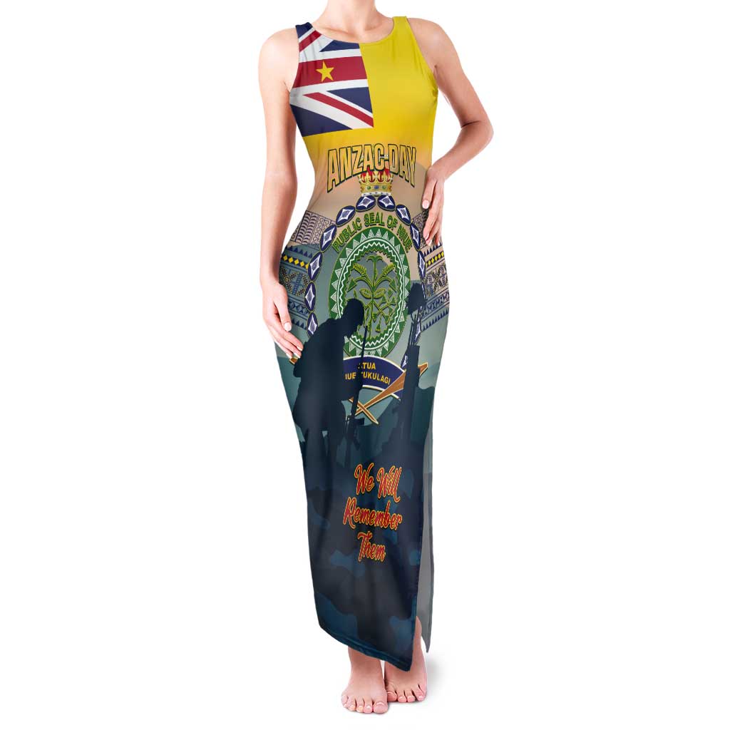 Niue ANZAC Day Tank Maxi Dress We Will Remember Them Camouflage Style LT14 Women Yellow - Polynesian Pride