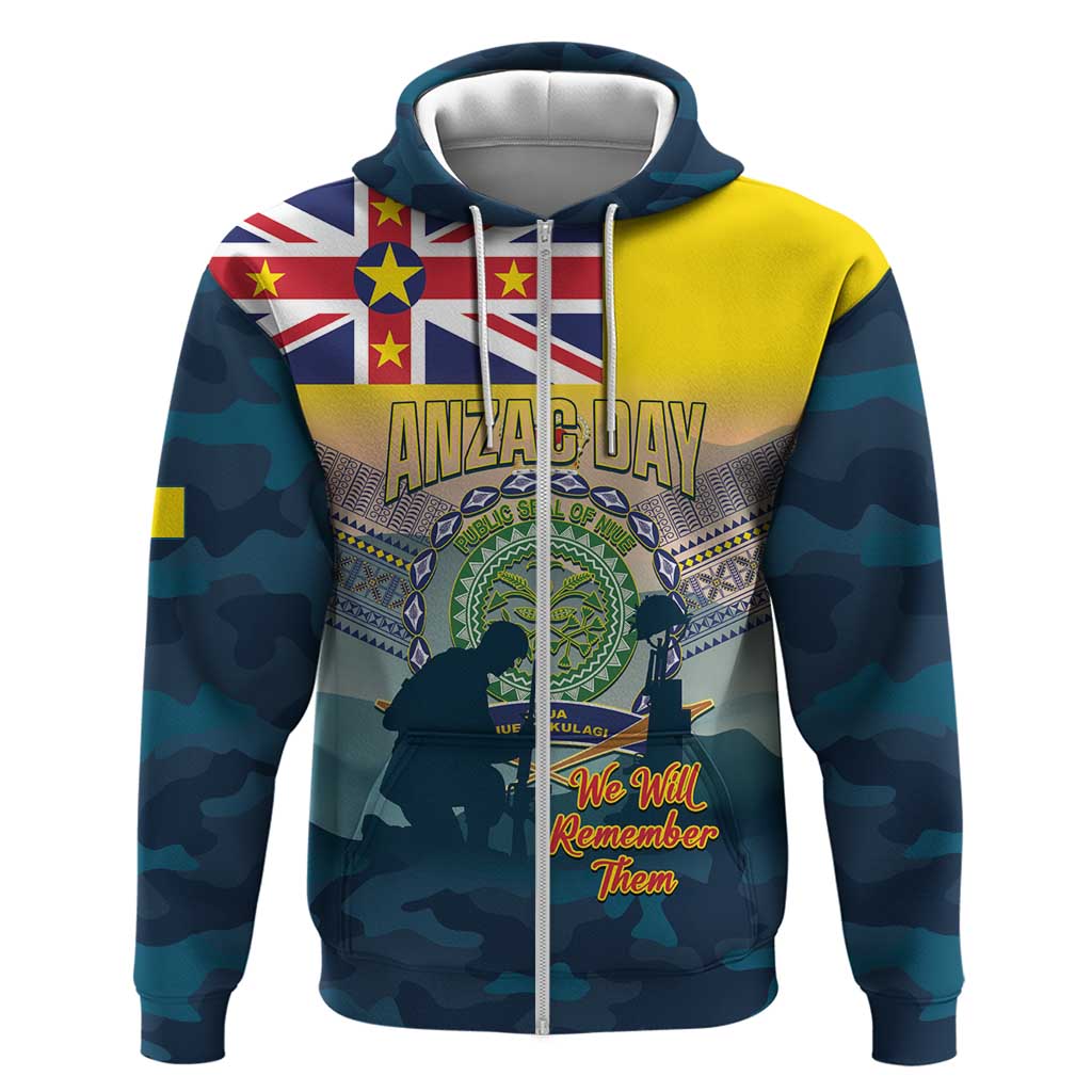 Niue ANZAC Day Zip Hoodie We Will Remember Them Camouflage Style LT14 Zip Hoodie Yellow - Polynesian Pride