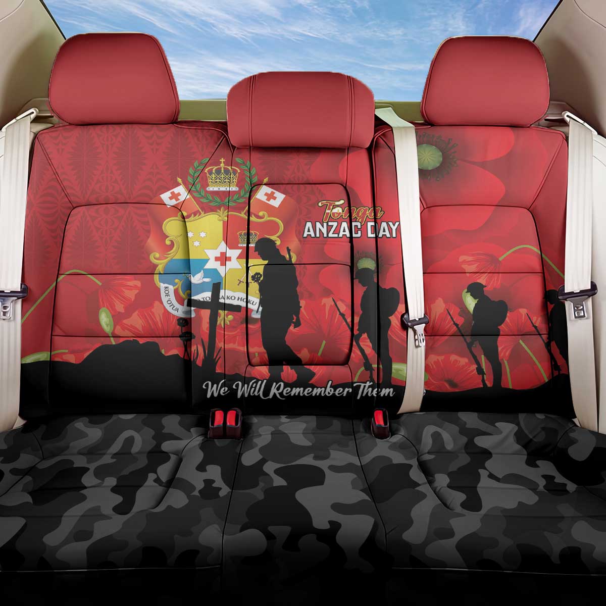Tonga ANZAC Day Back Car Seat Cover Ngatu Pattern We Will Remember Them LT14 One Size Red - Polynesian Pride