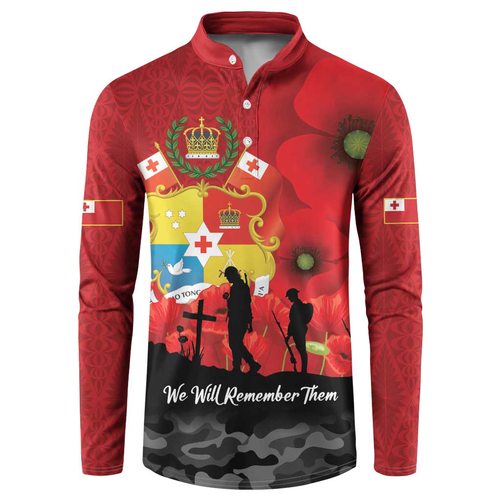 Tonga ANZAC Day Button Sweatshirt Ngatu Pattern We Will Remember Them LT14 Red - Polynesian Pride