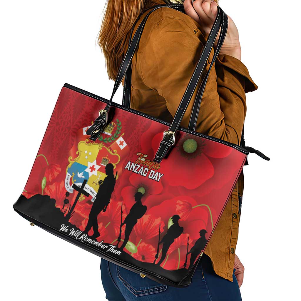 Tonga ANZAC Day Leather Tote Bag Ngatu Pattern We Will Remember Them LT14 - Polynesian Pride