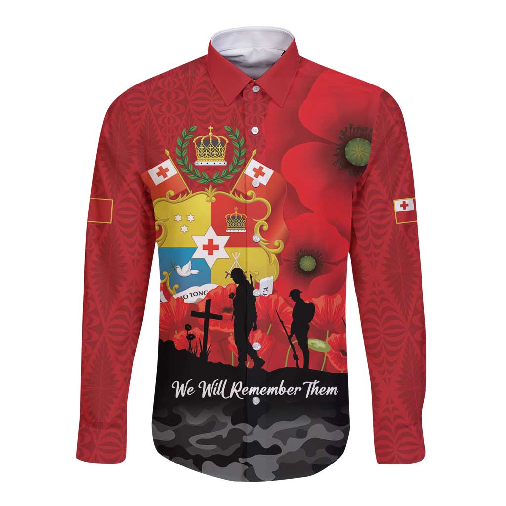 Tonga ANZAC Day Long Sleeve Button Shirt Ngatu Pattern We Will Remember Them LT14 Unisex Red - Polynesian Pride