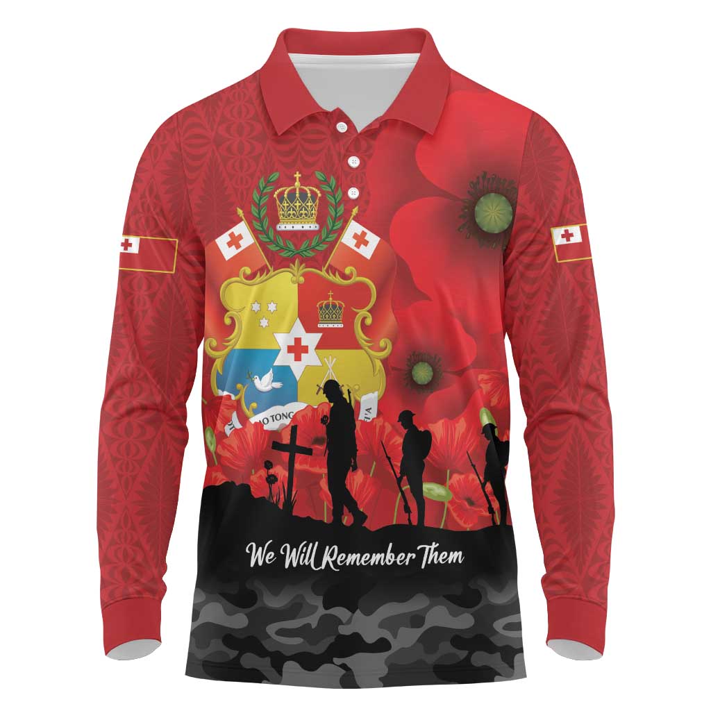 Tonga ANZAC Day Long Sleeve Polo Shirt Ngatu Pattern We Will Remember Them LT14 Red - Polynesian Pride