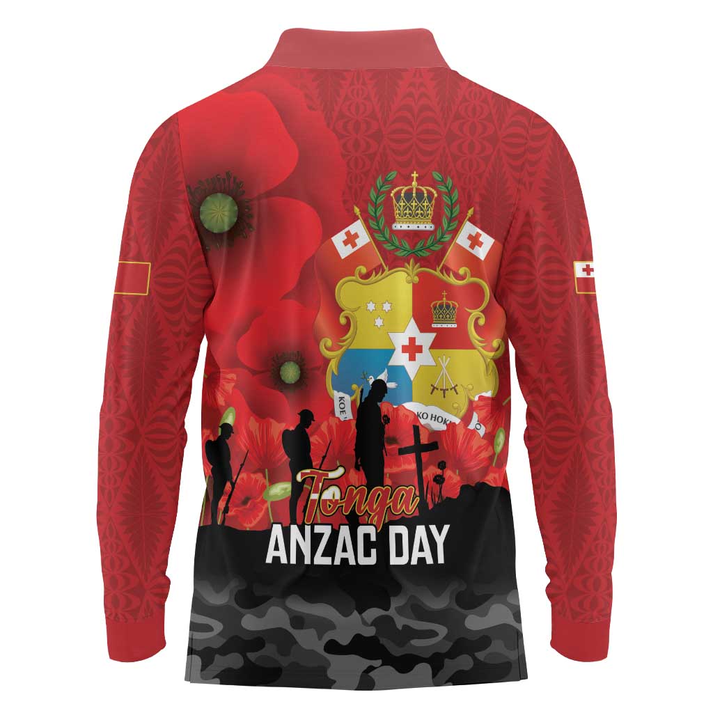 Tonga ANZAC Day Long Sleeve Polo Shirt Ngatu Pattern We Will Remember Them LT14 - Polynesian Pride