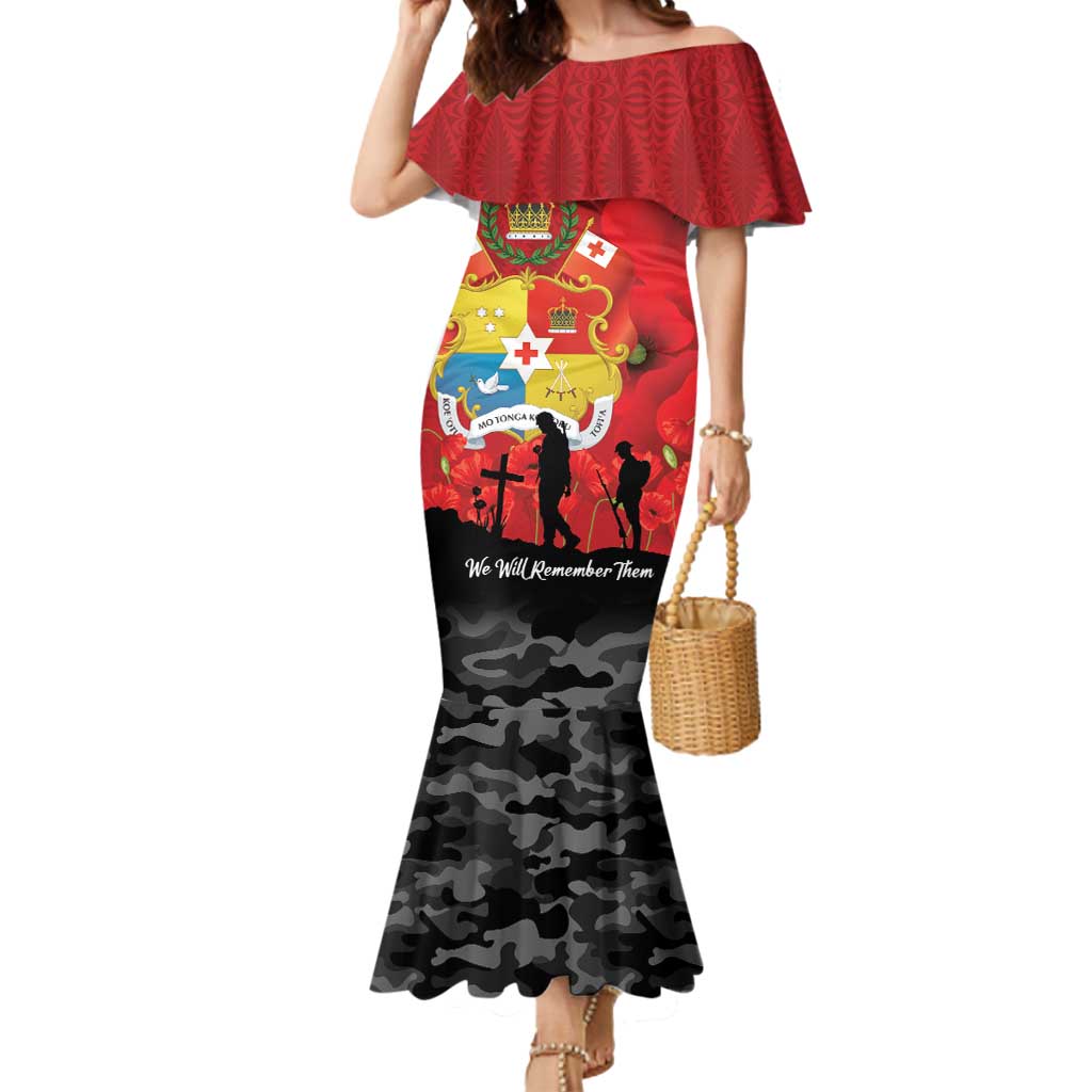 Tonga ANZAC Day Mermaid Dress Ngatu Pattern We Will Remember Them LT14 Women Red - Polynesian Pride