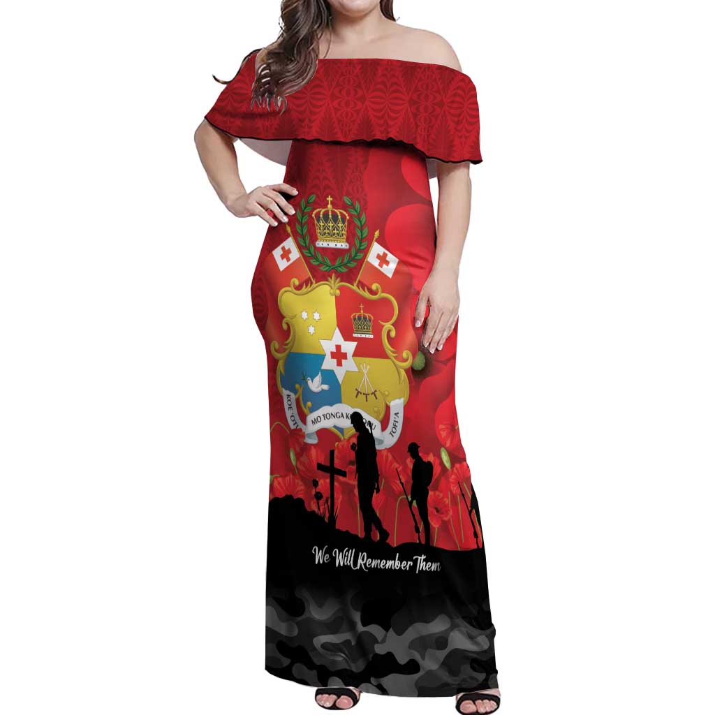 Tonga ANZAC Day Off Shoulder Maxi Dress Ngatu Pattern We Will Remember Them LT14 Women Red - Polynesian Pride