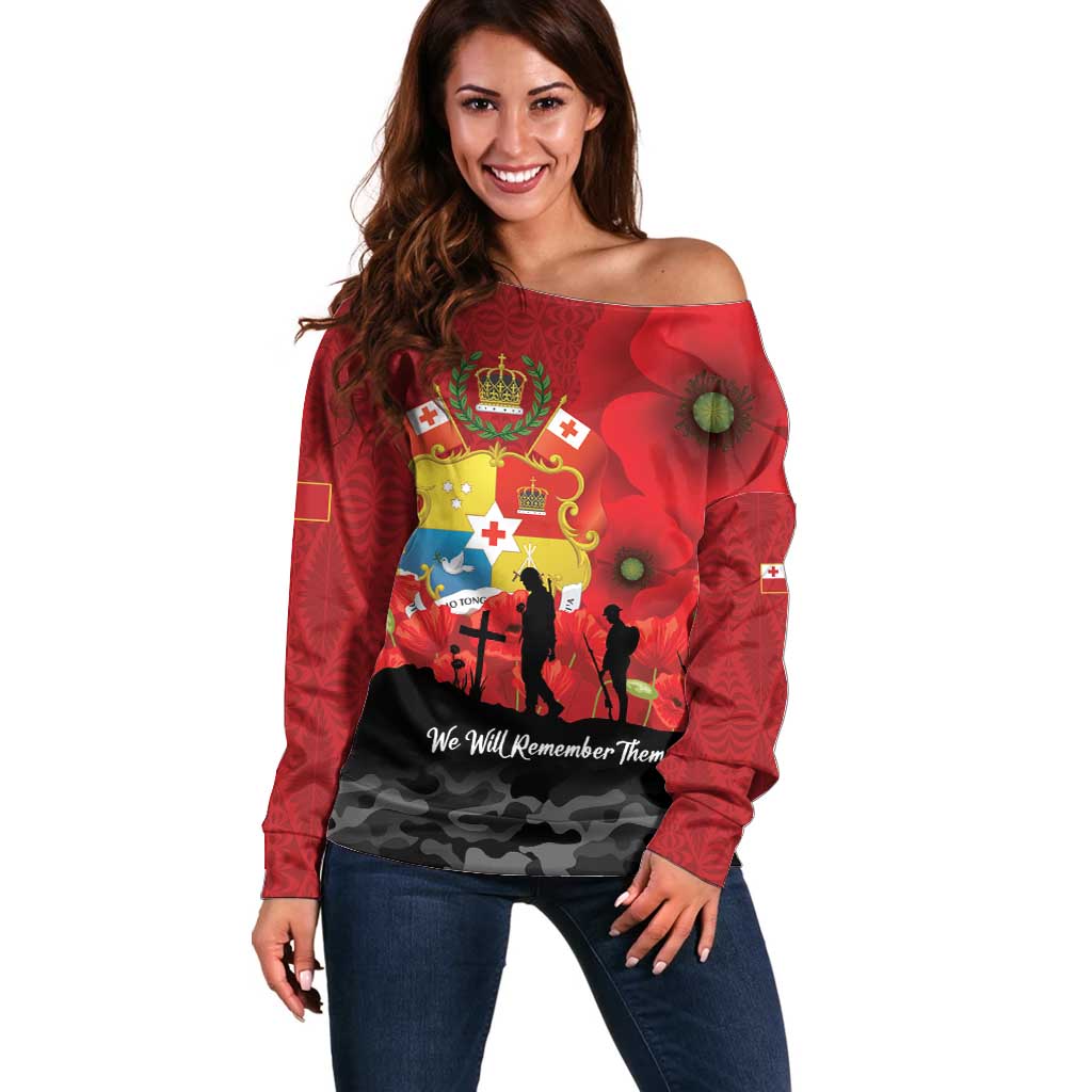 Tonga ANZAC Day Off Shoulder Sweater Ngatu Pattern We Will Remember Them LT14 Women Red - Polynesian Pride
