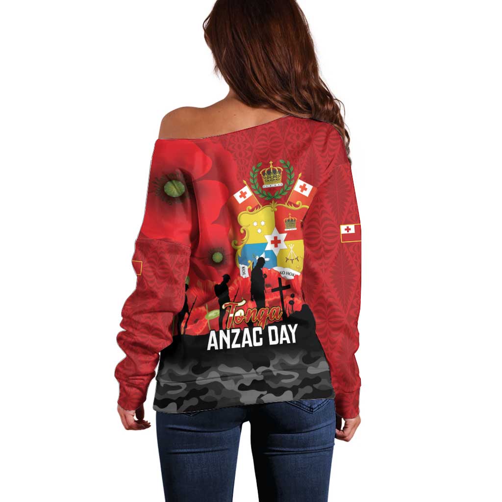 Tonga ANZAC Day Off Shoulder Sweater Ngatu Pattern We Will Remember Them LT14 - Polynesian Pride